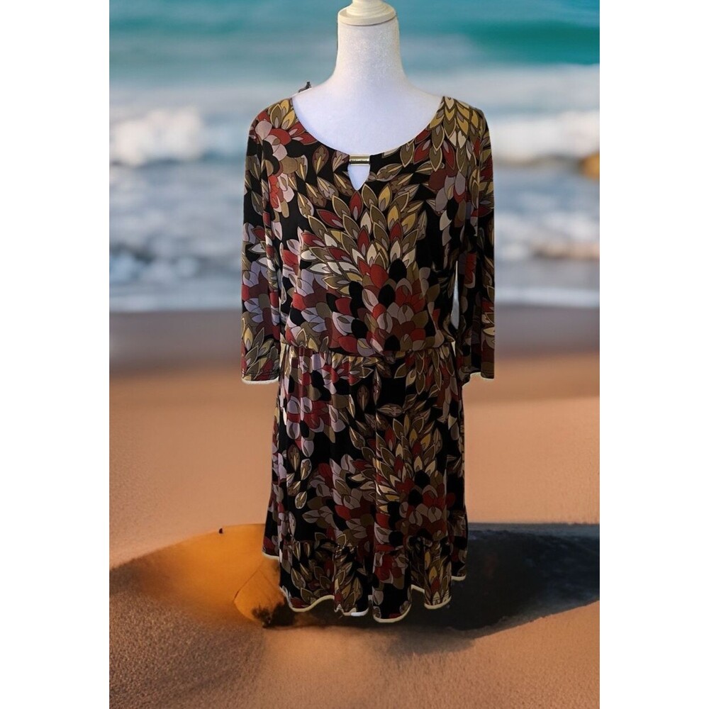 MSK Womens Multicolor Flora Elastic Waist Beaded Peephole Scoop Neck Dress M/L
